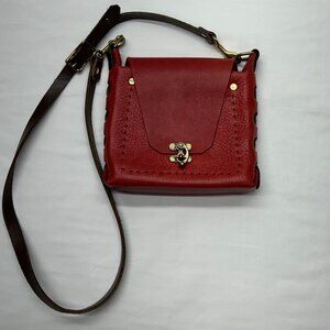Vintage Red Leather Crossbody Bag With Brass Clasp & Adjustable Strap